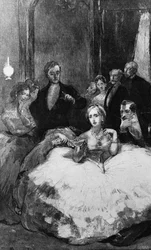 Daniel Dunglas Home conjurando uma mão para dar nó no lenço da Imperatriz Eugenie, ilustração de &39;Force Psychique&39; de Yveling Rambaud, impressão feita por Florian, publicada em 1889